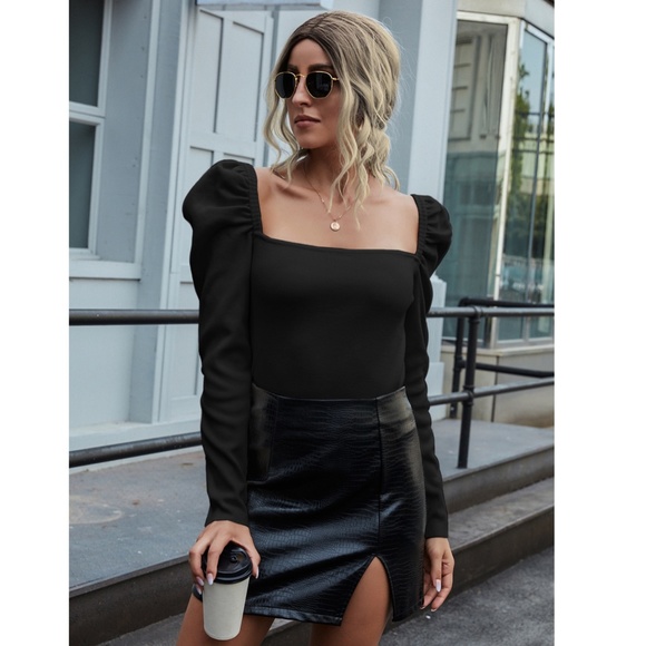 Puff Shoulder Square Neck Black Knit Top - Picture 6 of 8